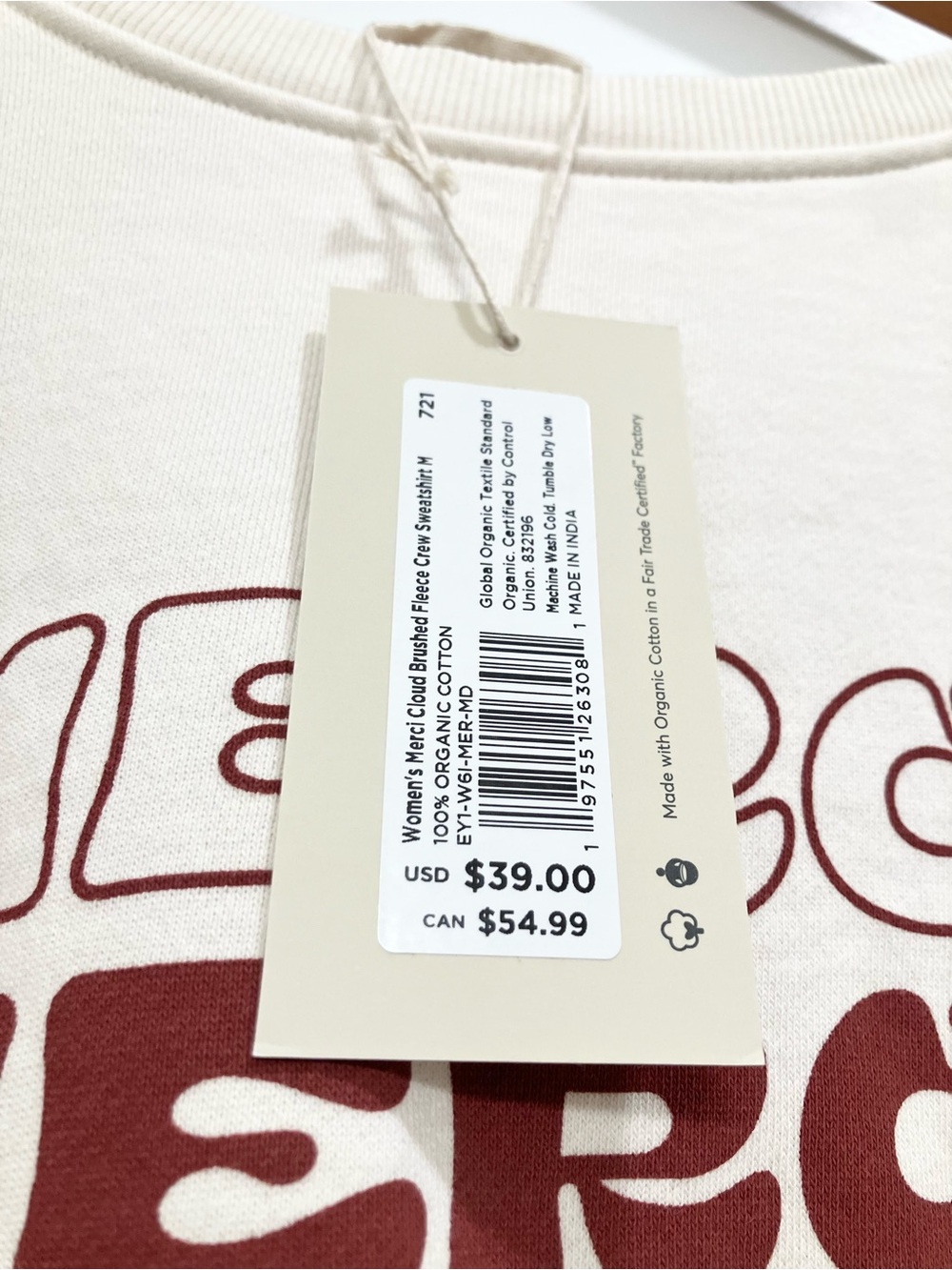 NWT Pact Merci Cloud Brushed Fleece Crew Sweatshirt Organic Cotton Cream Medium - Picture 8 of 8